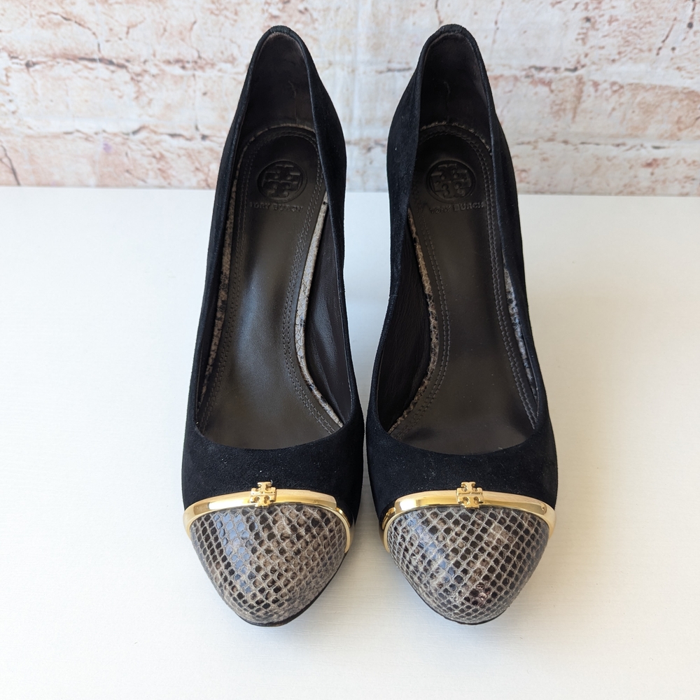 Tory Burch Black Suede Pumps with Gold Trim and Snake-Print Toe